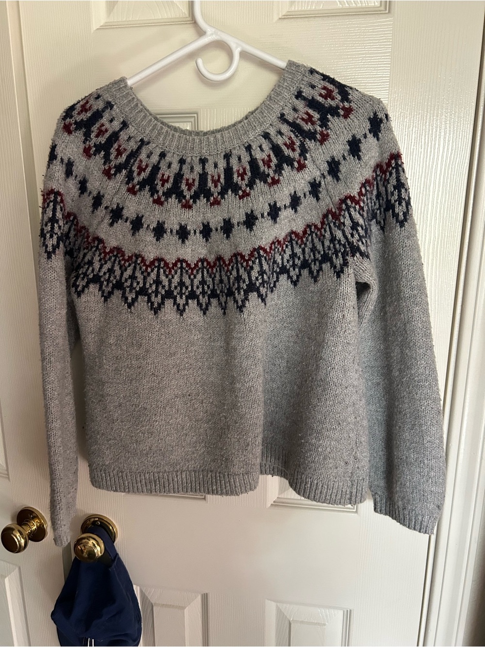 Old Navy Grey Fair Isle Crewneck Sweater with Navy and Burgundy Accents